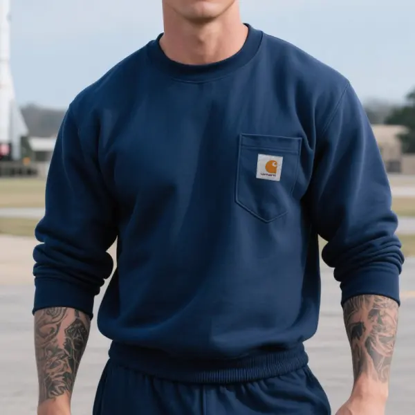 Men's Casual Crewneck Sweatshirt With Chest Pocket Navy Blue - Wayrates.chimpone.com 