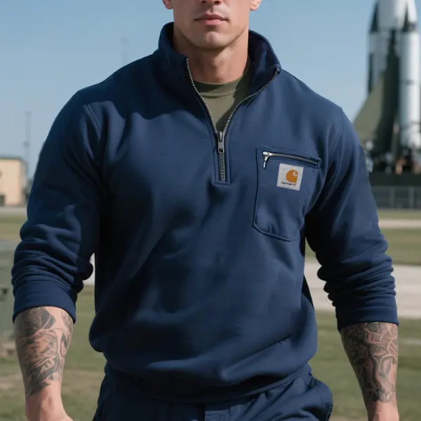 Men's Casual Quarter-Zip Tactical Sweatshirt With Chest Pocket Navy Blue - Wayrates.chimpone.com 