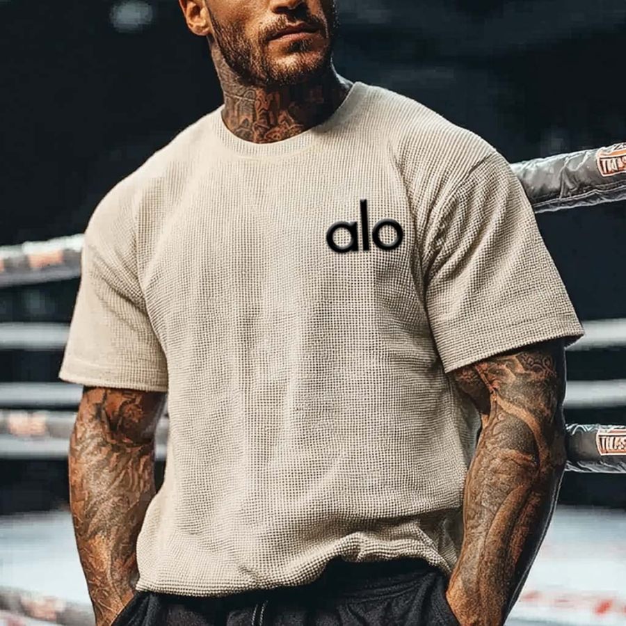 

Men's Vintage Waffle Knit Boxing Foam Print Short Sleeve Round Neck T-Shirt