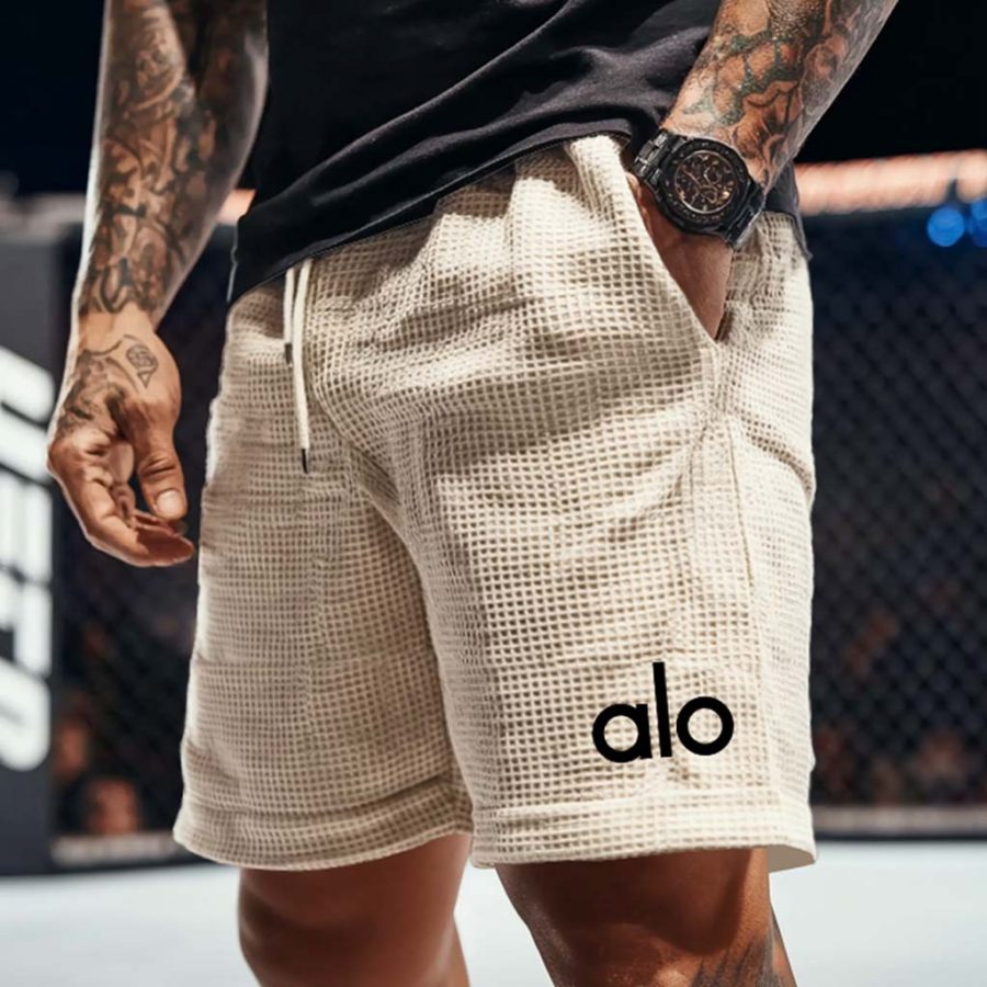 

Men's Vintage Beige Black Waffle Knit Boxing Fitness Print Gym Shorts