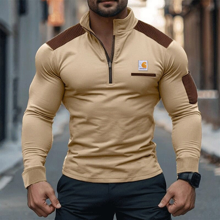 

Men's Vintage Pocket Color Block Quarter Zip Stand Collar Long Sleeve T-Shirt