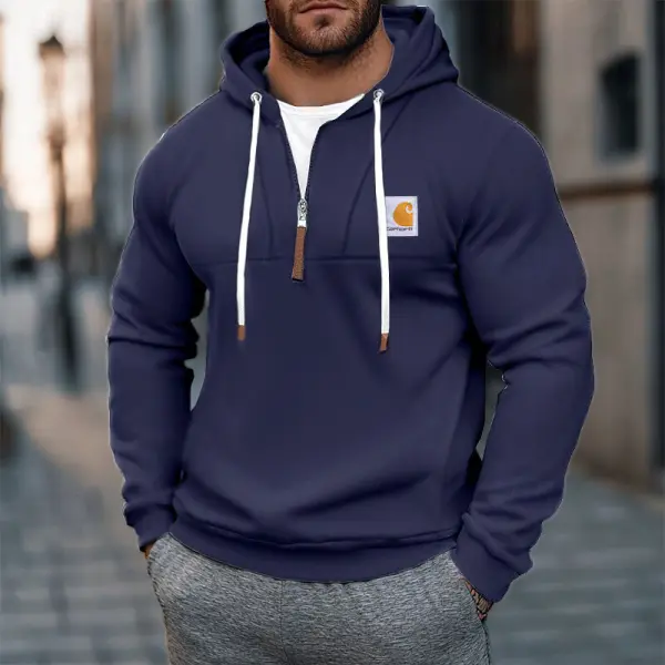 Men's Vintage Navy Zip-Up Long Sleeve Hooded Sweatshirt - Wayrates.com 