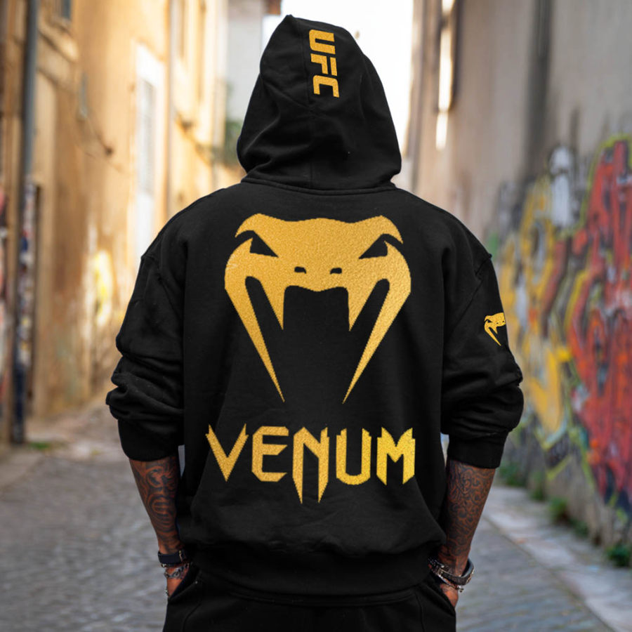 

Men's Vintage Snake Gold Print Pocket Long Sleeve Oversized Black Hoodie
