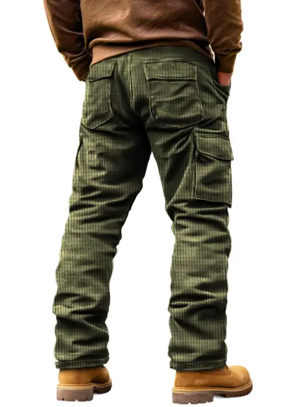 Men's Vintage Outdoor Army Green Waffle Knit Multi-Pocket Workwear Cargo Pants - Pragmaace.com 