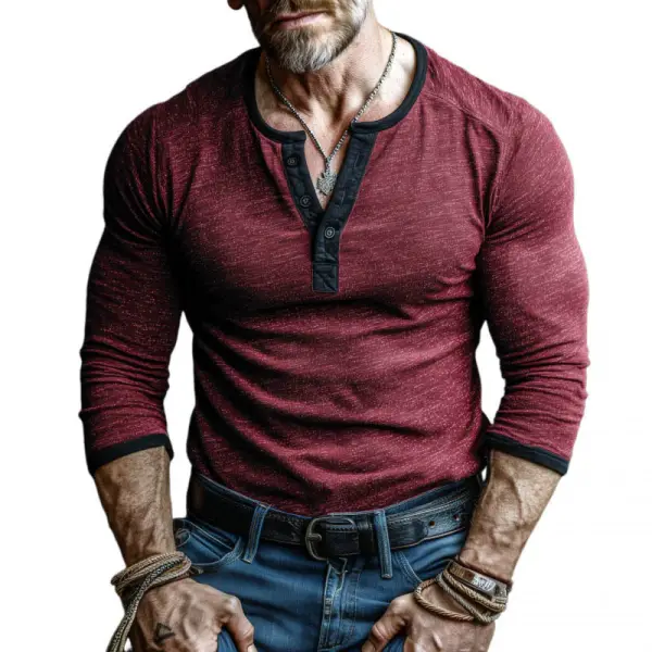 Men's Vintage Pocket Color Block Henley Long Sleeve T-Shirt - Upgradecool.com 