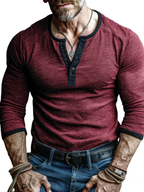 Men's Vintage Pocket Color Block Henley Long Sleeve T-Shirt - Simplyion.com 
