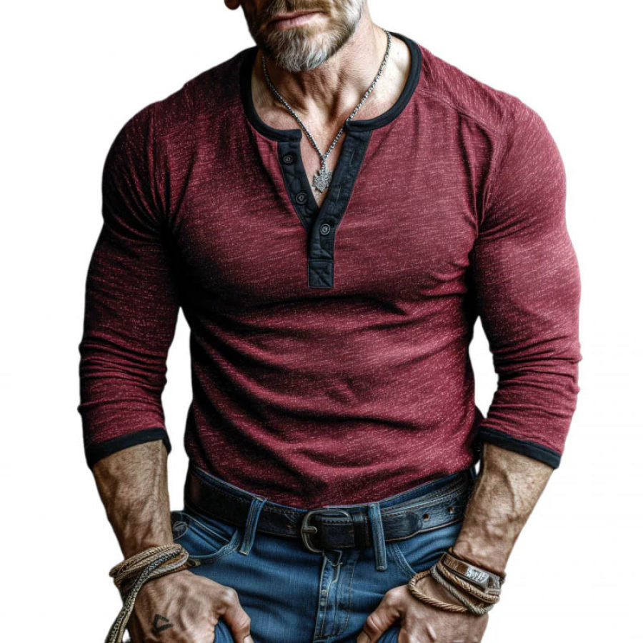 

Men's Vintage Pocket Color Block Henley Long Sleeve T-Shirt