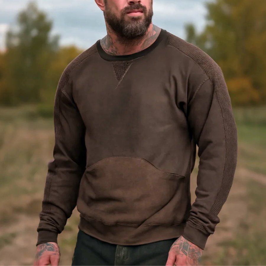 

Men's Vintage Brown Casual Crewneck Sweatshirt With Textured Sleeves