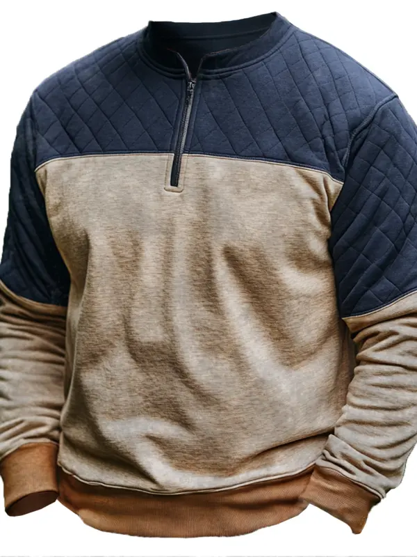 Men's Vintage Quilted Panel Quarter-Zip Sweatshirt - Menwyx.com 