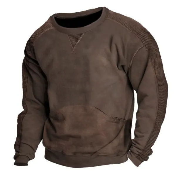 Men's Vintage Brown Casual Crewneck Sweatshirt With Textured Sleeves - Menzfolk.com 