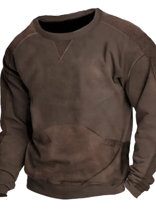 Men's Vintage Brown Casual Crewneck Sweatshirt With Textured Sleeves - Menwyx.com 