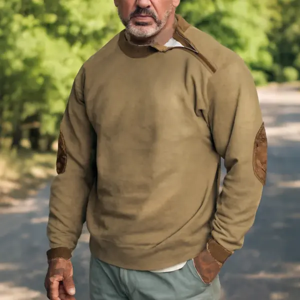 Men's Vintage Casual Khaki Sweatshirt With Elbow Patches - Wayrates.com 