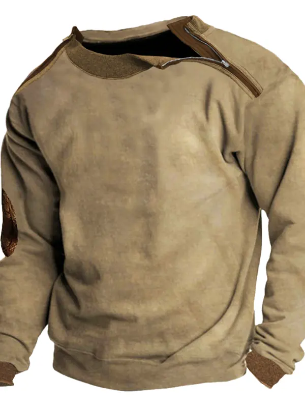 Men's Vintage Casual Khaki Sweatshirt With Elbow Patches - Wantbright.com 