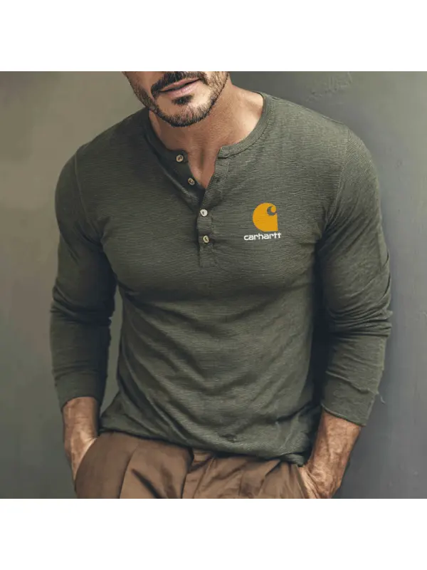 Men's Embroidery Casual Henley Shirt With Chest Logo For Everyday Wear - Aptkoi.com 