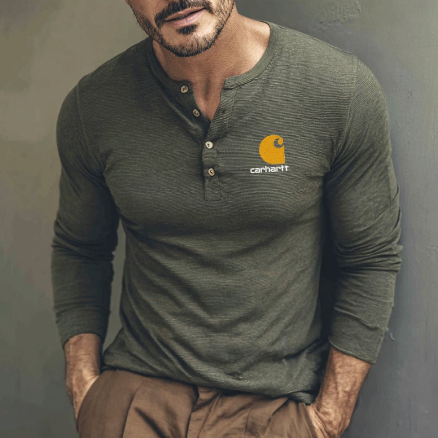 Men's Embroidery Casual Henley Shirt With Chest Logo For Everyday Wear