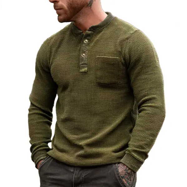 Men's Vintage Pocket Waffle Knit Army Green Henley Long Sleeve T-Shirt - Menzfolk.com 