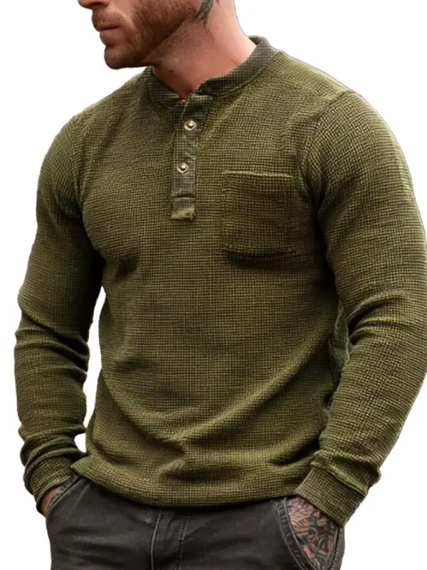 Men's Vintage Pocket Waffle Knit Army Green Henley Long Sleeve T-Shirt - Menwyx.com 