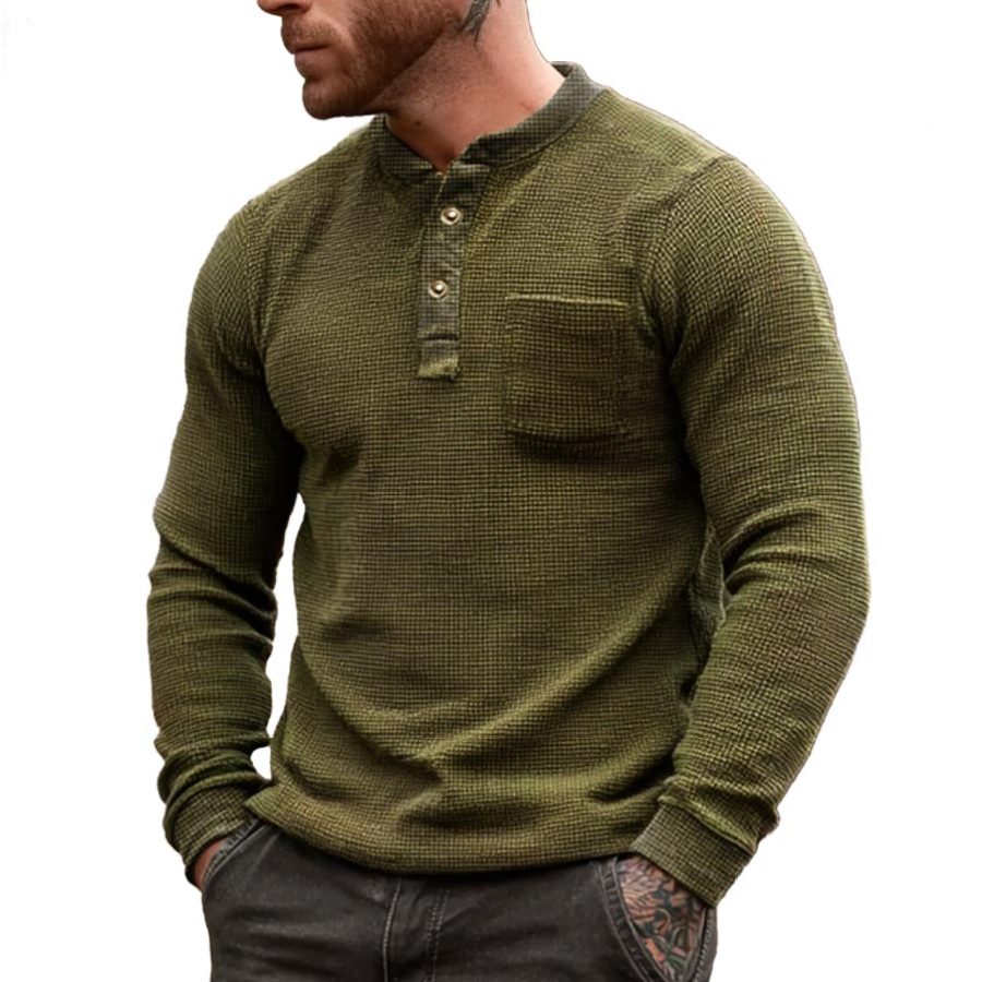 

Men's Vintage Pocket Waffle Knit Army Green Henley Long Sleeve T-Shirt