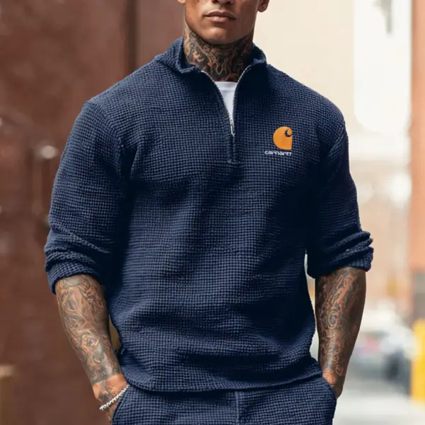 Men's Vintage Waffle Knit Embroidery Navy Blue Quarter Zip Stand Collar Long Sleeve T-Shirt - Wayrates.com 