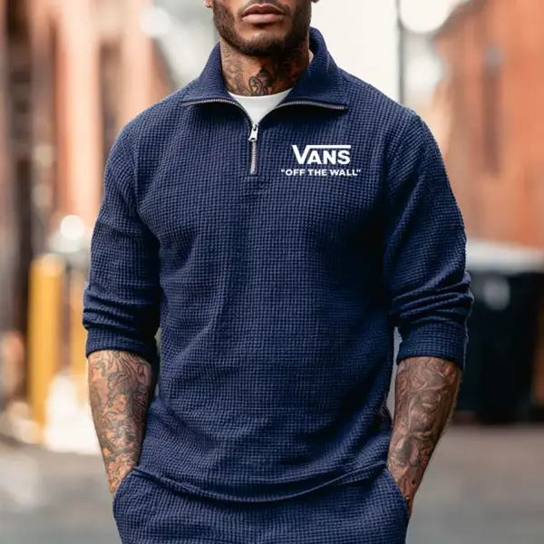 Men's Vintage Waffle Knit Navy Blue Quarter Zip Stand Collar Long Sleeve T-Shirt - Wayrates.com 