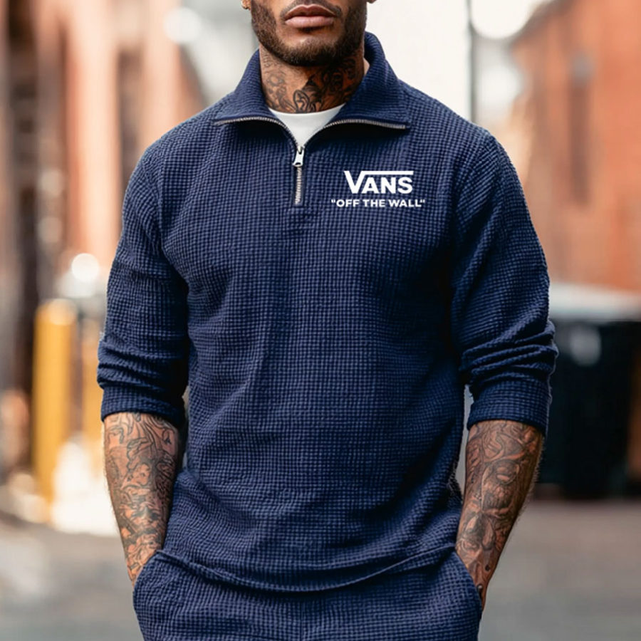 

Men's Vintage Waffle Knit Navy Blue Quarter Zip Stand Collar Long Sleeve T-Shirt