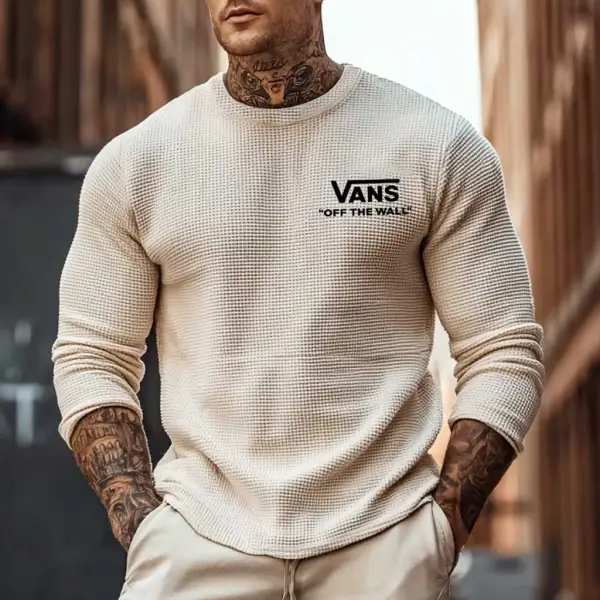 Men's Vintage Waffle Knit Beige Crew Neck Long Sleeve T-Shirt - Wayrates.com 