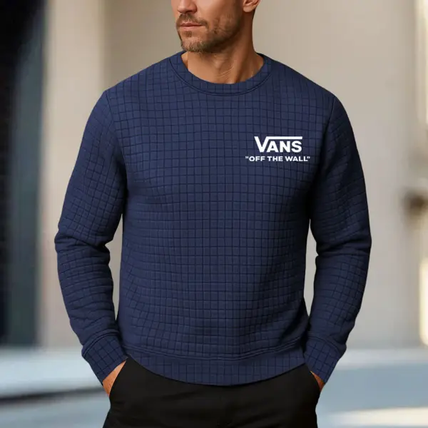 Men's Vintage Waffle Pattern Plaid Long Sleeve Crew Neck Sweatshirt - Wayrates.com 