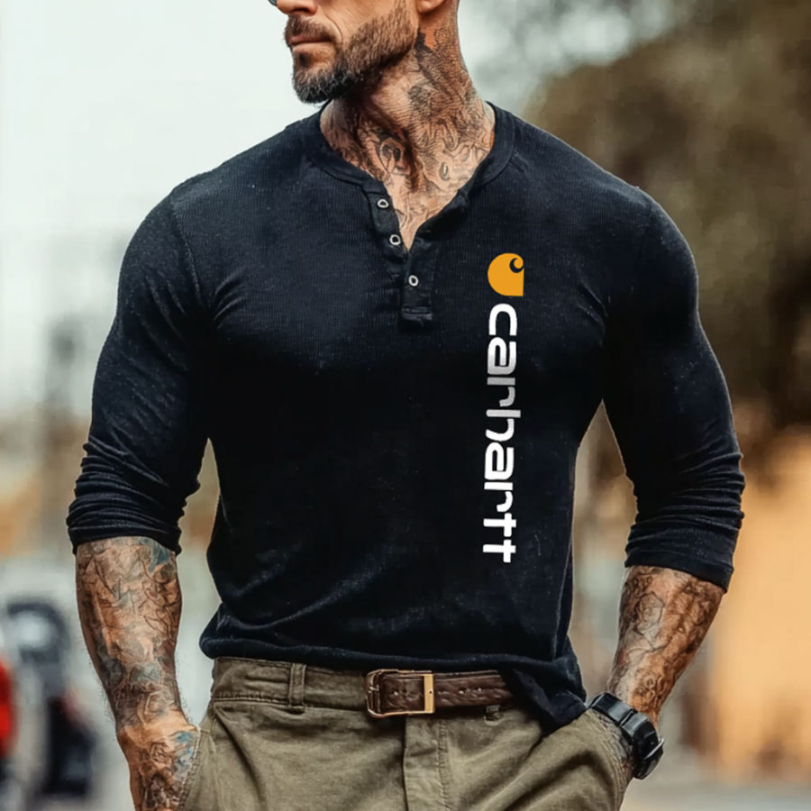 

Men's Vintage Outdoor Tree Print Black Long Sleeve Henley T-Shirt
