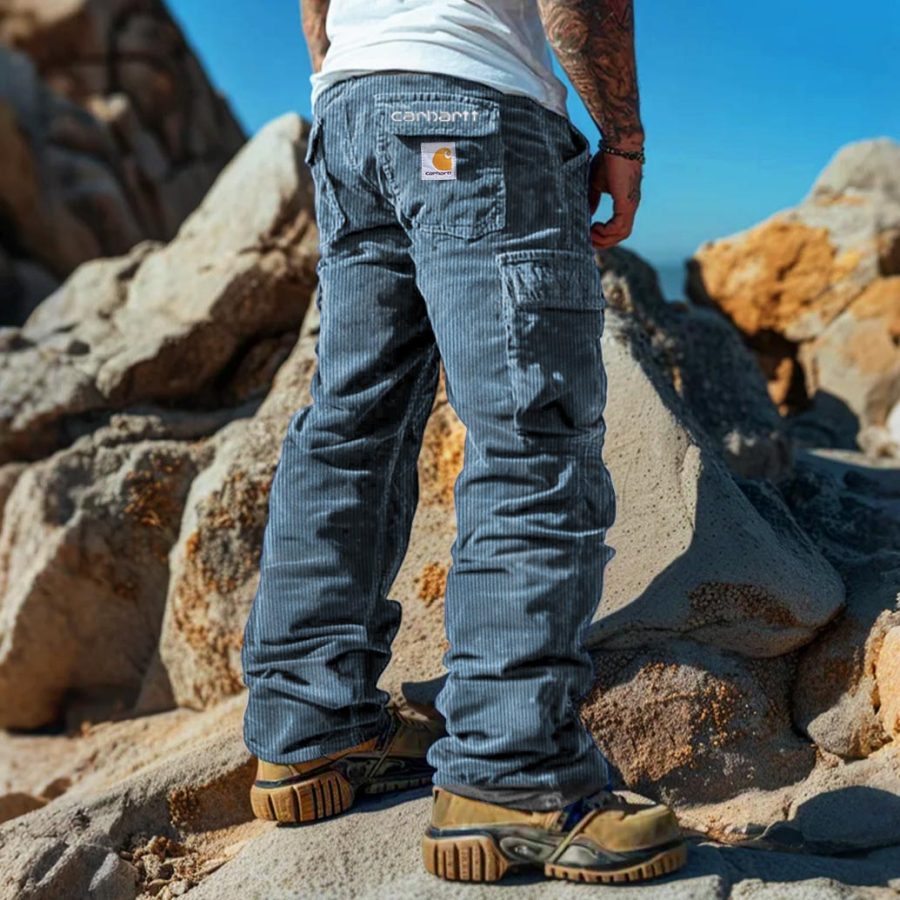 

Men's Vintage Outdoor Blue Corduroy Embroidered Multi-Pocket Workwear Cargo Pants