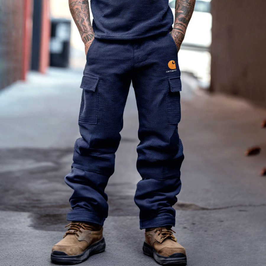 

Men's Vintage Outdoor Embroidered Navy Waffle Knit Multi-Pocket Workwear Cargo Pants