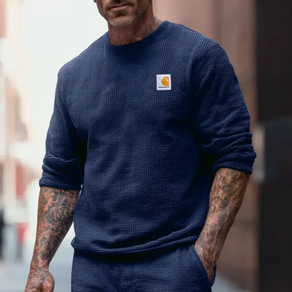 Men's Vintage Waffle Knitted Long Sleeve Crew Neck Sweatshirt - Wayrates.com 