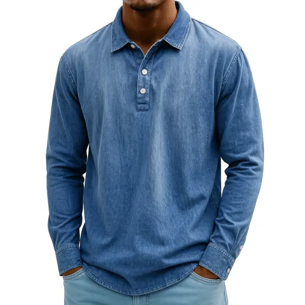 Stylish Denim Long Sleeve Polo Shirt For Men - Perfect For Casual And Smart-Casual Outfits - Menzfolk.com 