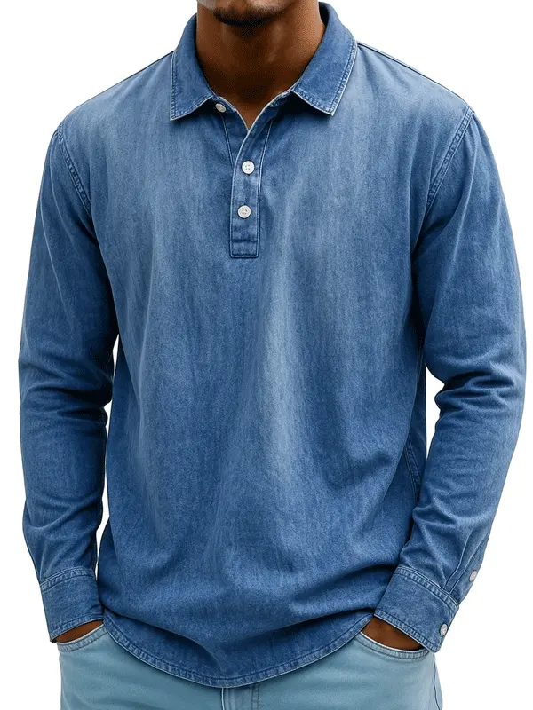Stylish Denim Long Sleeve Polo Shirt For Men - Perfect For Casual And Smart-Casual Outfits - Menwyx.com 