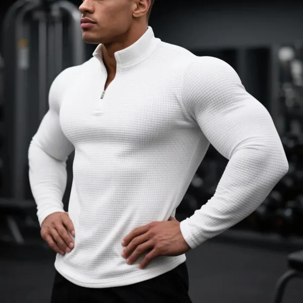 Men's Slim Fit Half Zip Stand Collar Raglan Long Sleeve T-shirt Mesh Waffle Fabric Sports Fitness Basic Daily T-shirt - Menzfolk.com 