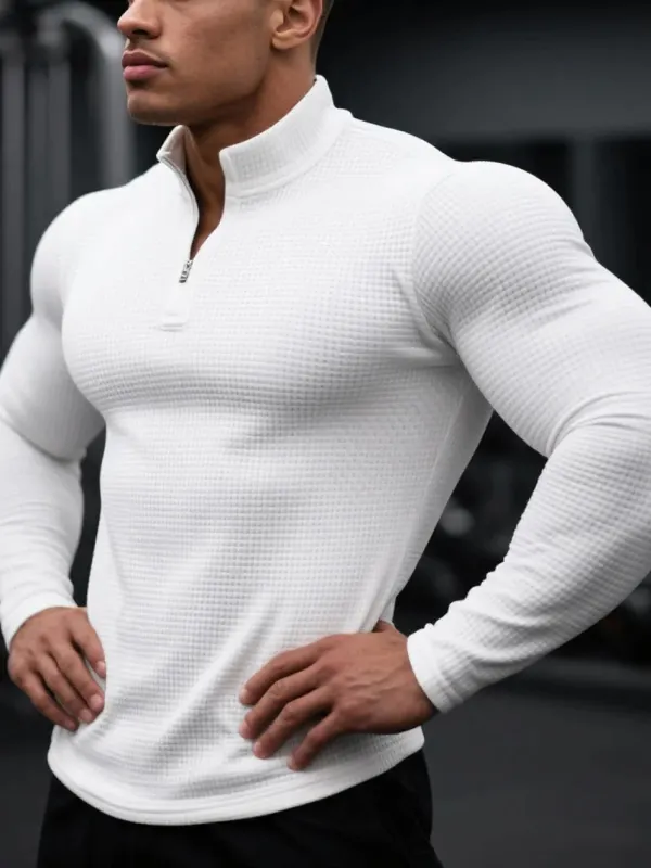 Men's Slim Fit Half Zip Stand Collar Raglan Long Sleeve T-shirt Mesh Waffle Fabric Sports Fitness Basic Daily T-shirt - Menwyx.com 