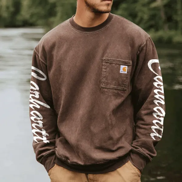 Long Sleeve Crew Neck Shirt With Chest Pocket And Sleeve Graphics - Upgradecool.com 