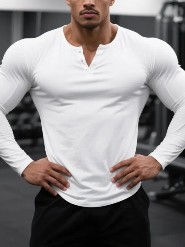 Men's Slim Fit V-neck Long Sleeve T-shirt For Sports And Fitness, Basic Everyday T-shirt For Inner Wear At Home - Menwyx.com 