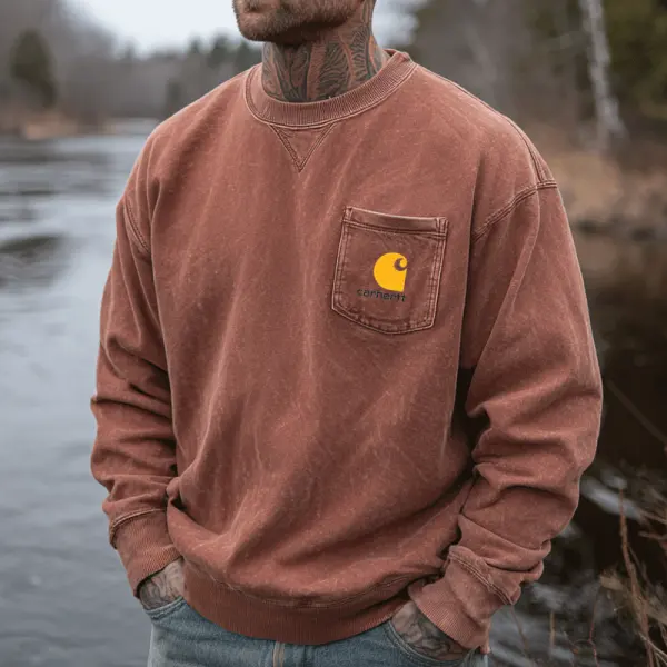 Vintage Casual Crewneck Sweatshirt With Chest Pocket And Logo Design - Wayrates.com 