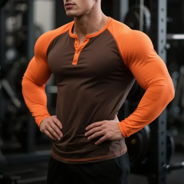 Men's Slim-fit Henley Collar Raglan Long Sleeve Contrasting Color Stitching T-shirt Sports Fitness Basic T-shirt - Menzfolk.com 