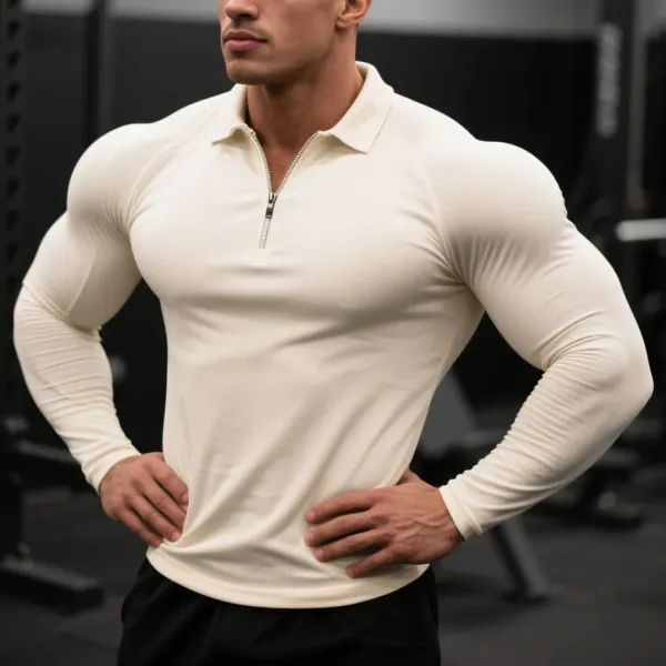 Men's Slim Fit Half Zip Lapel Raglan Long Sleeve T-shirt Sports Fitness Basic Daily T-shirt Home Top - Menzfolk.com 