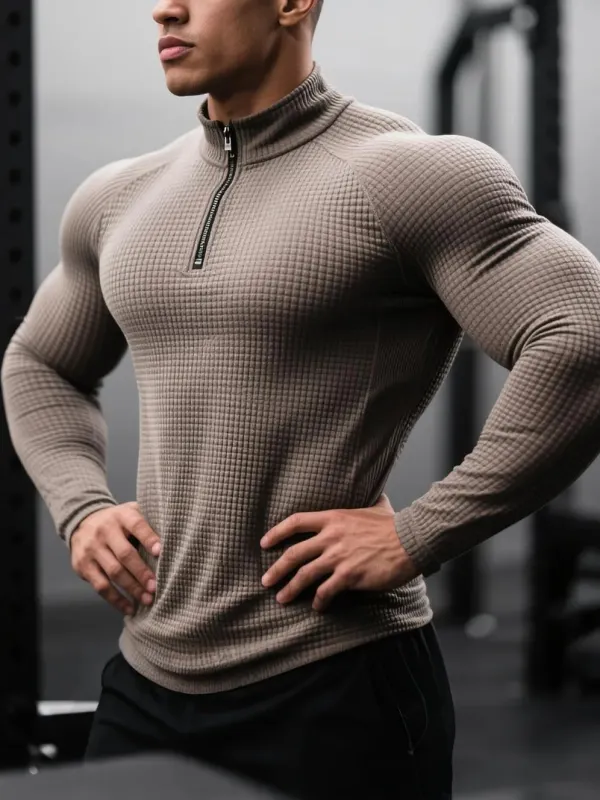 Men's Slim Fit Waffle Half-zip Stand Collar Raglan Long Sleeve T-shirt Sports Fitness Basic Daily T-shirt - Menwyx.com 
