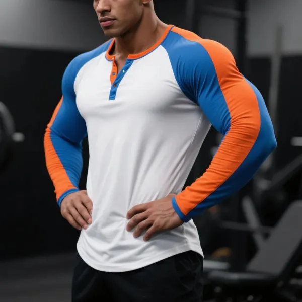 Men's Slim-fit Henley Collar Raglan Long Sleeve Contrasting Color Stitching T-shirt Sports Fitness Basic Everyday T-shirt - Menzfolk.com 