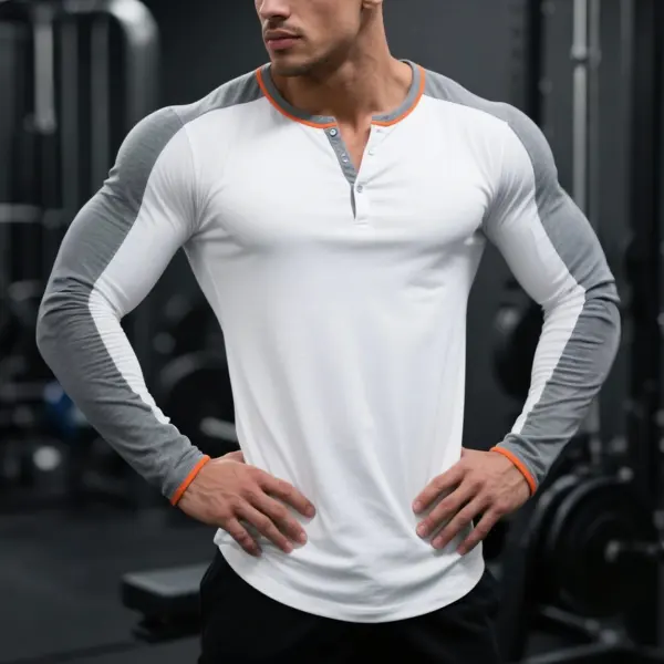 Men's Slim-fit Henley Collar Raglan Long Sleeve Contrasting Color Stitching T-shirt Sports Fitness Basic Everyday T-shirt - Menzfolk.com 