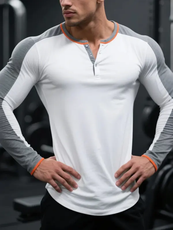 Men's Slim-fit Henley Collar Raglan Long Sleeve Contrasting Color Stitching T-shirt Sports Fitness Basic Everyday T-shirt - Menwyx.com 