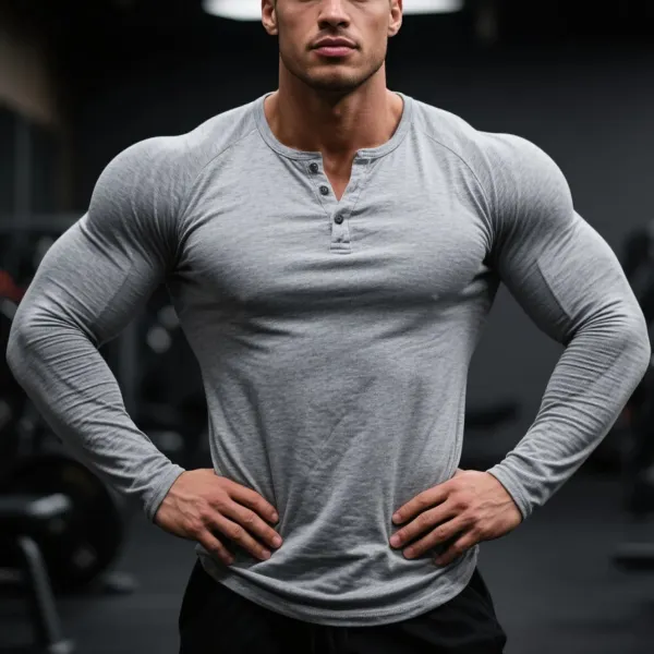 Men's Slim Fit Henley Collar Raglan Long Sleeve T-shirt Sports Fitness Basic Everyday T-shirt Home Top - Menzfolk.com 