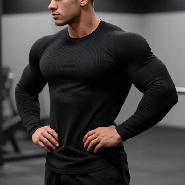 Men's Slim Fit Round Neck Vertical Stripes Shoulder Long Sleeve T-shirt Sports Fitness Basic Daily T-shirt Home Top - Menzfolk.com 