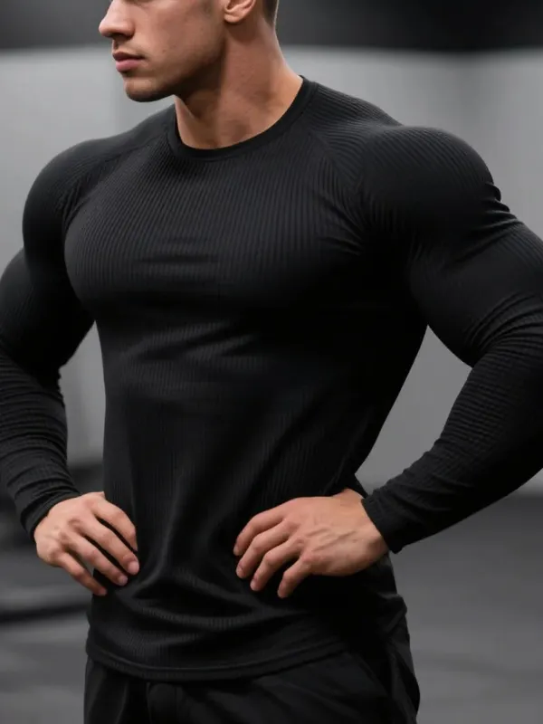 Men's Slim Fit Round Neck Vertical Stripes Shoulder Long Sleeve T-shirt Sports Fitness Basic Daily T-shirt Home Top - Menwyx.com 