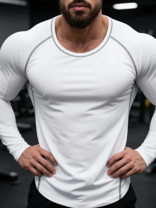 Men's Slim Round Neck Raglan Long Sleeve T-shirt Sports Fitness Basic Style Daily T-shirt Inner Wear Home Top - Menwyx.com 