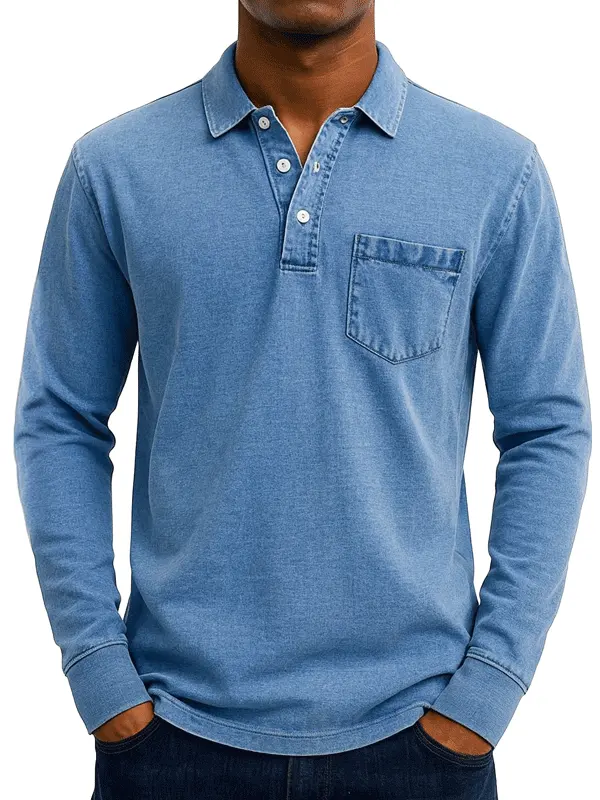 Stylish Long Sleeve Denim Polo Shirt For Men - Perfect For Casual And Smart-Casual Outfits - Menbarn.com 