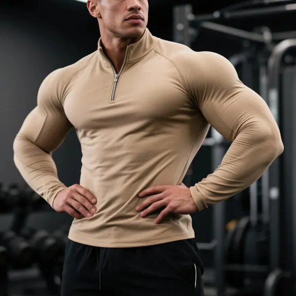 Men's Slim Fit Half Zip Stand Collar Raglan Long Sleeve T-shirt Sports Fitness Basic Daily T-shirt Home Top - Menzfolk.com 